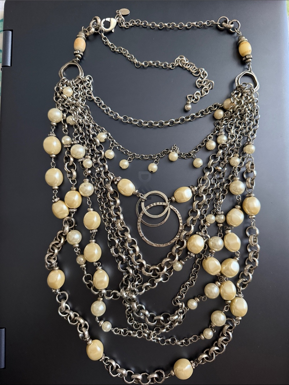 Chico's Layered Gold-Tone Chain Necklace with Cream Beads